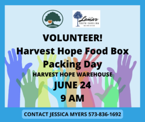 Flyer on a light blue background with the Harvest Hope tree logo and the Town of Lamar, South Carolina palmetto logo at the top. Bold black text reads "Volunteer! Harvest Hope Food Box Packing Day, Harvest Hope Warehouse, June 24, 9 AM." Colorful illustrated hands of many colors reach up from the bottom of the image. A banner at the base reads "Contact Jessica Myers 573-836-1692."