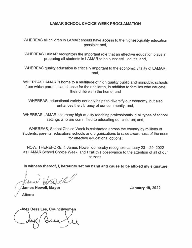 Lamar School Choice Week Proclamation