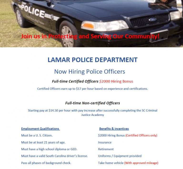 Town of Lamar Jobs Town of Lamar Lamar, South Carolina