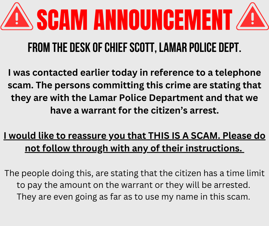 scam announcement TOL PD, police department, chief scott