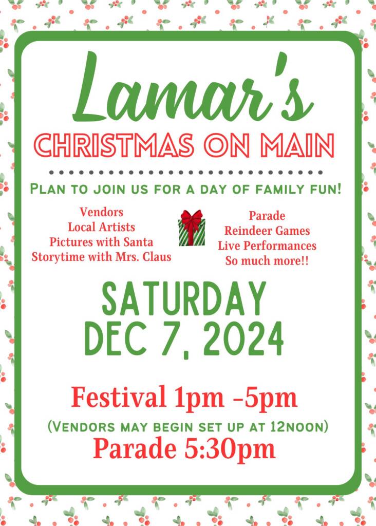 A Christmas Themed Flyer For Lamar SC Christmas On Main Event