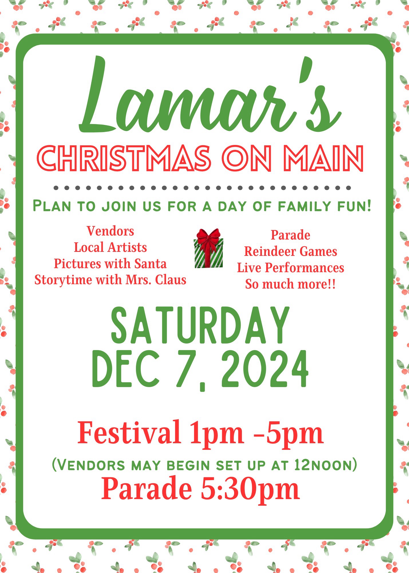 A Christmas Themed Flyer For Lamar SC Christmas On Main Event