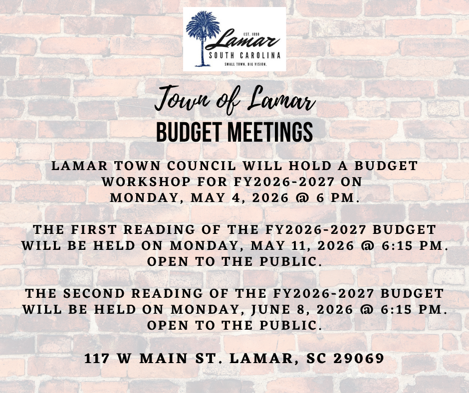 Flyer with written text of the Town of Lamar Budget Meeting Schedule