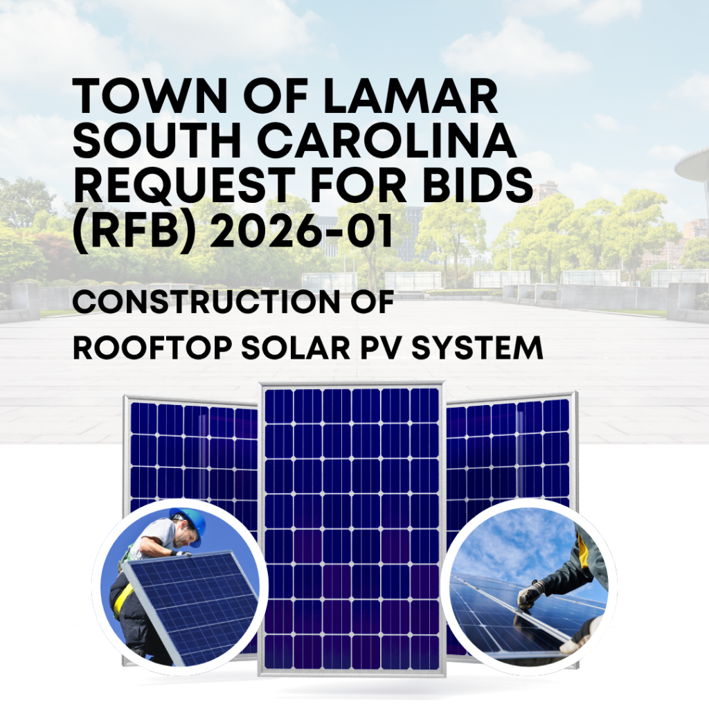 Town of Lamar Graphic that says "town of Lamar South Carolina request for bids (RFB) 2026-01 construction of rooftop solar pv system.". With solar panel images.